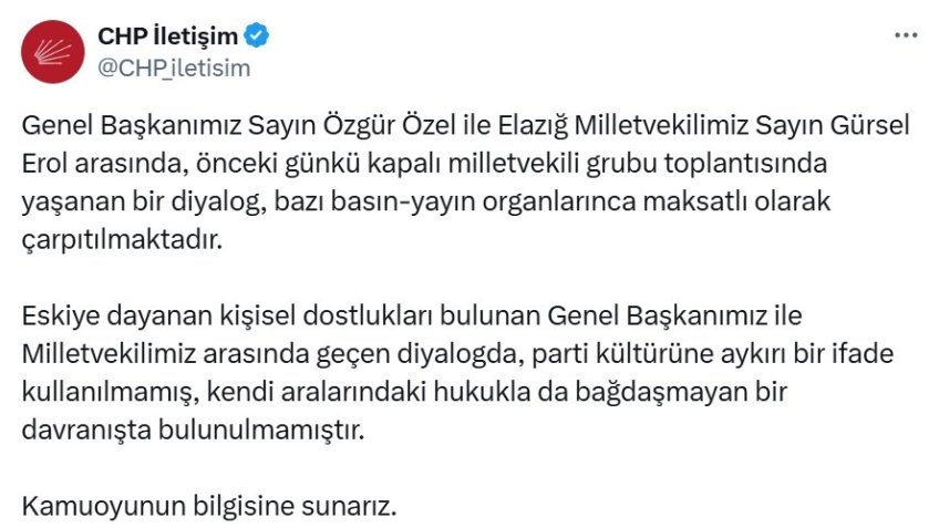 CHP’den, Genel Başkan Özel ve Elazığ Milletvekili Erol açıklaması