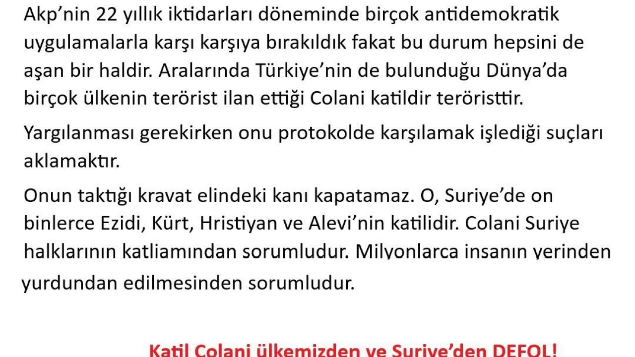 Alevi Bektaşi Federasyon'undan Colani tepkisi: "Colani Suriye halklarının katliamından sorumludur"