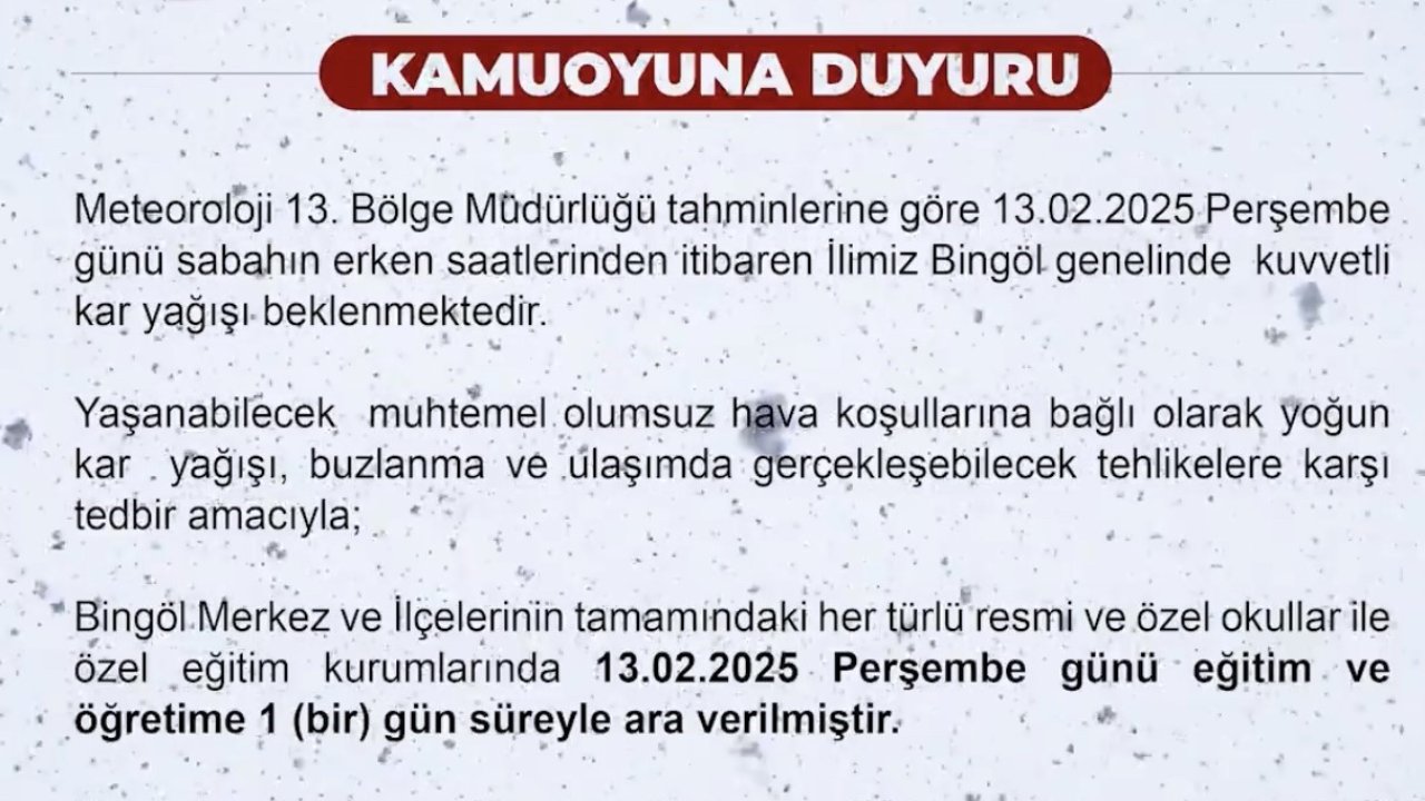 Bingöl’de  eğitime 1 gün ara verildi