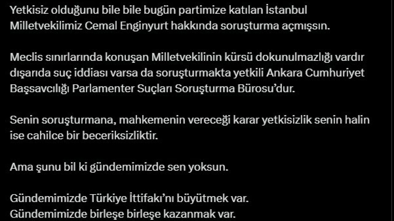 Cemal Enginyurt hakkında açılan soruşturmaya tepki gösteren Özgür Özel: Gündemimizde Türkiye İttifakı’nı büyütmek var. Gündemimizde birleşe birleşe kazanmak var