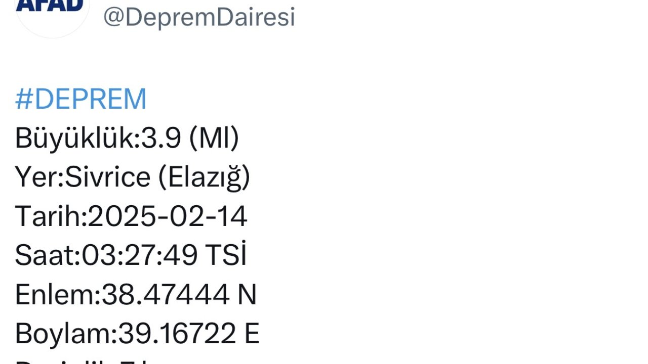 Elazığ’da 3.9 büyüklüğünde deprem