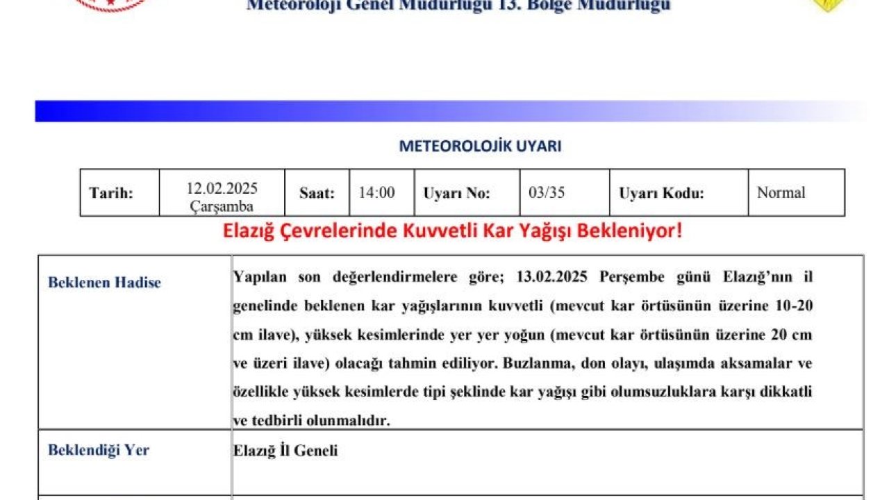 Meteorolojiden Elazığ için kuvvetli kar uyarısı