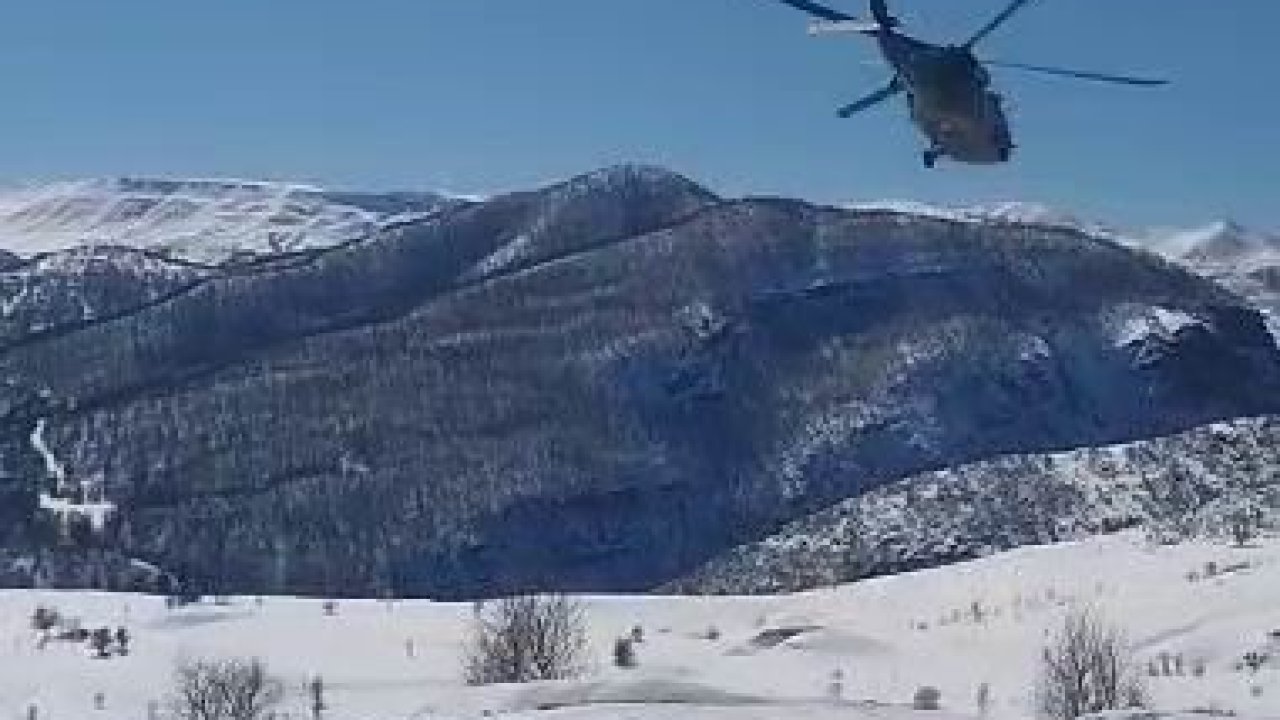 Askeri helikopter çiftçi için kalktı, karlı bölgeye yem indirdi