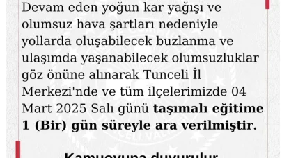 Tunceli’de eğitime 1 gün ara verildi